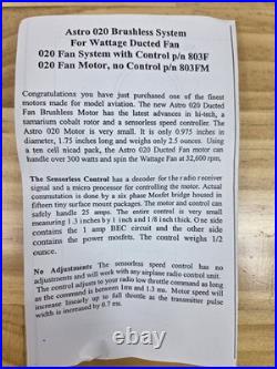 Astro Flight Cobalt Astro-803F Ducted Fan Motor & Speed Controller- WATTAGE- NOS